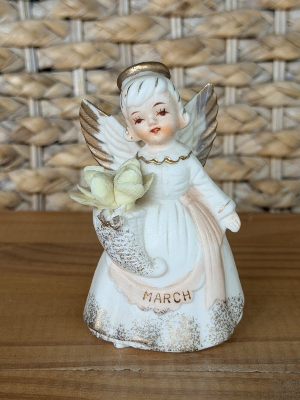 Vintage March Birthday Angel Peach Sash Yellow Flowers Ceramic JAPAN *READ*